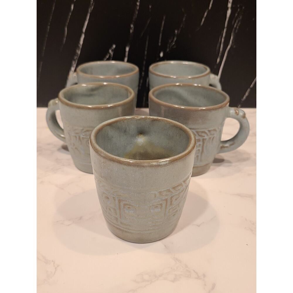 FRANKOMA Pottery Mugs /Cup 7C Blue /Green Mayan Aztec Set Of 5 Vintage MCM EUC